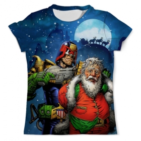 full_print_tee с принтом Judge Dredd Vs Father Xmas в Курске, Футболка с нанесением полноцветного изображения по всей поверхности может быть выполнена в двух вариантах - ХЛОПОК и СИНТЕТИКА. | Хлопок - ткань из 100% хлопка высшего качества пенье.  <br>Синтетика - ткань с высоким содержанием синтетического волокна (до 80%).  Материал хорошо тянется, имеет приятную на ощупь фактуру | 