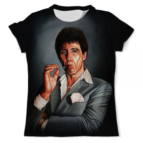 full_print_tee с принтом Tony Montana - Scarface в Курске, Футболка с нанесением полноцветного изображения по всей поверхности может быть выполнена в двух вариантах - ХЛОПОК и СИНТЕТИКА. | Хлопок - ткань из 100% хлопка высшего качества пенье.  <br>Синтетика - ткань с высоким содержанием синтетического волокна (до 80%).  Материал хорошо тянется, имеет приятную на ощупь фактуру | Тематика изображения на принте: 