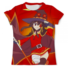 full_print_tee с принтом Мегумин. KonoSuba в Курске, Футболка с нанесением полноцветного изображения по всей поверхности может быть выполнена в двух вариантах - ХЛОПОК и СИНТЕТИКА. | Хлопок - ткань из 100% хлопка высшего качества пенье.  <br>Синтетика - ткань с высоким содержанием синтетического волокна (до 80%).  Материал хорошо тянется, имеет приятную на ощупь фактуру | 