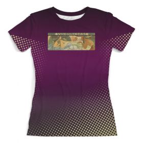 full_print_woman_tee с принтом Альфонс Муха, «Вино Инков» в Курске, Футболка с нанесением полноцветного изображения по всей поверхности может быть выполнена в двух вариантах - ХЛОПОК и СИНТЕТИКА. | Хлопок - ткань из 100% хлопка высшего качества пенье.  <br>Синтетика - ткань с высоким содержанием синтетического волокна (до 80%).  Материал хорошо тянется, имеет приятную на ощупь фактуру | 