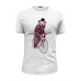 Мужская футболка Premium с принтом Медведь на велосипеде в Курске, Белый, черный, серый меланж, голубой: 100% хлопок, плотность 160 гр. Остальные цвета: 92% хлопок, 8% лайкра, плотность 170-180гр. |  | Тематика изображения на принте: 