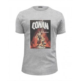 Мужская футболка Premium с принтом Conan the Barbarian в Курске, Белый, черный, серый меланж, голубой: 100% хлопок, плотность 160 гр. Остальные цвета: 92% хлопок, 8% лайкра, плотность 170-180гр. |  | 