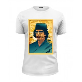Мужская футболка Premium с принтом Муаммар Каддафи в Курске, Белый, черный, серый меланж, голубой: 100% хлопок, плотность 160 гр. Остальные цвета: 92% хлопок, 8% лайкра, плотность 170-180гр. |  | 
