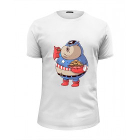 Мужская футболка Premium с принтом Fat Captain America в Курске, Белый, черный, серый меланж, голубой: 100% хлопок, плотность 160 гр. Остальные цвета: 92% хлопок, 8% лайкра, плотность 170-180гр. |  | 