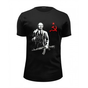 Мужская футболка Premium с принтом Ленин Калашников АК47 в Курске, Белый, черный, серый меланж, голубой: 100% хлопок, плотность 160 гр. Остальные цвета: 92% хлопок, 8% лайкра, плотность 170-180гр. |  | 