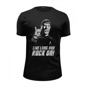 Мужская футболка Premium с принтом Спок . Live Long an Rock On в Курске, Белый, черный, серый меланж, голубой: 100% хлопок, плотность 160 гр. Остальные цвета: 92% хлопок, 8% лайкра, плотность 170-180гр. |  | 