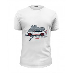 Мужская футболка Premium с принтом Porsche 911 GT3 RS в Курске, Белый, черный, серый меланж, голубой: 100% хлопок, плотность 160 гр. Остальные цвета: 92% хлопок, 8% лайкра, плотность 170-180гр. |  | 
