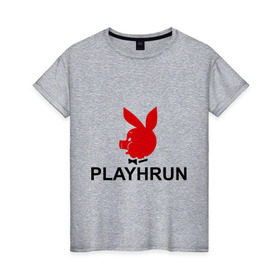 Женская футболка хлопок с принтом Playhrun в Курске, 100% хлопок | прямой крой, круглый вырез горловины, длина до линии бедер, слегка спущенное плечо | playboy | плейбой | плейхрюн | хрю