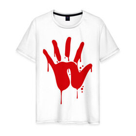 Мужская футболка хлопок с принтом Рука в Курске, 100% хлопок | прямой крой, круглый вырез горловины, длина до линии бедер, слегка спущенное плечо. | Тематика изображения на принте: кисть | кровь | ладонь | отпечаток | пальцы | рука