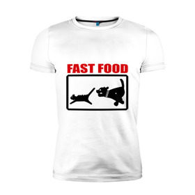 Мужская футболка премиум с принтом Fast food в Курске, 92% хлопок, 8% лайкра | приталенный силуэт, круглый вырез ворота, длина до линии бедра, короткий рукав | Тематика изображения на принте: fast food | fastfood | быстра еда | коты | кошка | песики | собака