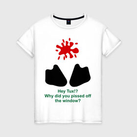 Женская футболка хлопок с принтом Hey Tux! в Курске, 100% хлопок | прямой крой, круглый вырез горловины, длина до линии бедер, слегка спущенное плечо | пингвин