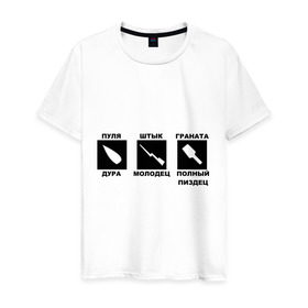 Мужская футболка хлопок с принтом Пуля Штык Граната в Курске, 100% хлопок | прямой крой, круглый вырез горловины, длина до линии бедер, слегка спущенное плечо. | граната | оружие | штук молодец