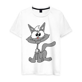 Мужская футболка хлопок с принтом Серый кот в Курске, 100% хлопок | прямой крой, круглый вырез горловины, длина до линии бедер, слегка спущенное плечо. | домашние животные | кот | кошка | кошки | серый кот