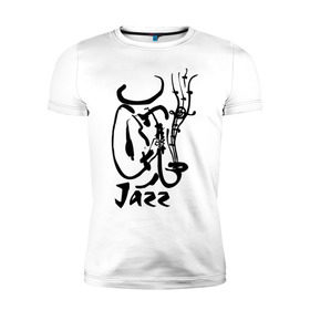 Мужская футболка премиум с принтом Jazz в Курске, 92% хлопок, 8% лайкра | приталенный силуэт, круглый вырез ворота, длина до линии бедра, короткий рукав | jazz | джаз | звуки | музыка | музыкальные стили | рисунок | силуэт | человек