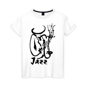 Женская футболка хлопок с принтом Jazz в Курске, 100% хлопок | прямой крой, круглый вырез горловины, длина до линии бедер, слегка спущенное плечо | jazz | джаз | звуки | музыка | музыкальные стили | рисунок | силуэт | человек