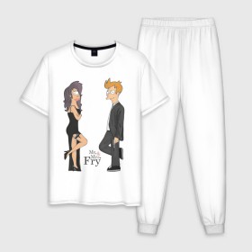 Мужская пижама хлопок с принтом Mr. & Mrs. Fry в Курске, 100% хлопок | брюки и футболка прямого кроя, без карманов, на брюках мягкая резинка на поясе и по низу штанин
 | bender | futurama | бендер | футурама
