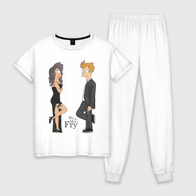Женская пижама хлопок с принтом Mr. & Mrs. Fry в Курске, 100% хлопок | брюки и футболка прямого кроя, без карманов, на брюках мягкая резинка на поясе и по низу штанин | bender | futurama | бендер | футурама