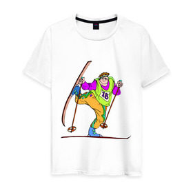 Мужская футболка хлопок с принтом Лыжник (2) в Курске, 100% хлопок | прямой крой, круглый вырез горловины, длина до линии бедер, слегка спущенное плечо. | беговые лыжи | гора | горные лыжи | для зимы | зимний спорт | лыжи | лыжник | трасса