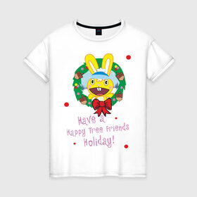 Женская футболка хлопок с принтом Happy tree friend (7) в Курске, 100% хлопок | прямой крой, круглый вырез горловины, длина до линии бедер, слегка спущенное плечо | 2012 год | happy tree friends | holiday | new year | венок | нг | новогодний | новый 2012 | новый год | праздник | праздничный | рождественский | рождество