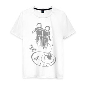 Мужская футболка хлопок с принтом Бабочки в космосе в Курске, 100% хлопок | прямой крой, круглый вырез горловины, длина до линии бедер, слегка спущенное плечо. | астранавты | бабочки в космосе | вакуум | космонавты | космос | открытый космос | скафандр