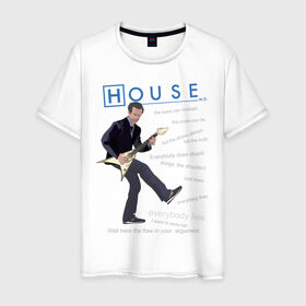 Мужская футболка хлопок с принтом Доктор Хаус с гитарой в Курске, 100% хлопок | прямой крой, круглый вырез горловины, длина до линии бедер, слегка спущенное плечо. | everybody lies | haus | house | все лгут | доктор | хауз | хаус | хью лори