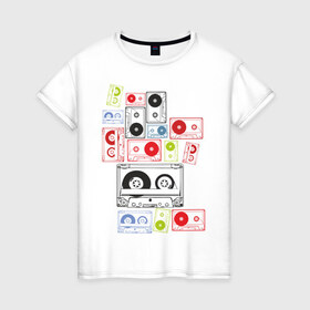 Женская футболка хлопок с принтом Кассеты в Курске, 100% хлопок | прямой крой, круглый вырез горловины, длина до линии бедер, слегка спущенное плечо | аудиокассеты | кассеты | музыка | прикольные