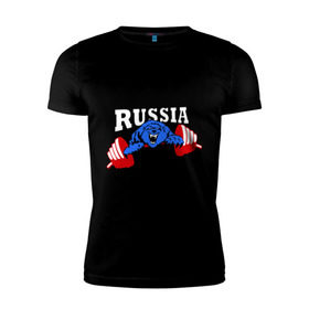 Мужская футболка премиум с принтом RUSSIA PR в Курске, 92% хлопок, 8% лайкра | приталенный силуэт, круглый вырез ворота, длина до линии бедра, короткий рукав | Тематика изображения на принте: powerlifting