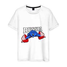 Мужская футболка хлопок с принтом RUSSIA PR в Курске, 100% хлопок | прямой крой, круглый вырез горловины, длина до линии бедер, слегка спущенное плечо. | powerlifting