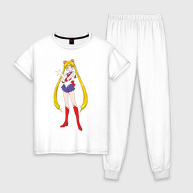 Женская пижама хлопок с принтом Sailor Moon в Курске, 100% хлопок | брюки и футболка прямого кроя, без карманов, на брюках мягкая резинка на поясе и по низу штанин | аниме