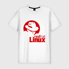 Мужская футболка премиум с принтом Linux - Redhart в Курске, 92% хлопок, 8% лайкра | приталенный силуэт, круглый вырез ворота, длина до линии бедра, короткий рукав | linux | redhart | админу | дистрибутив | красная шляпа | линукс