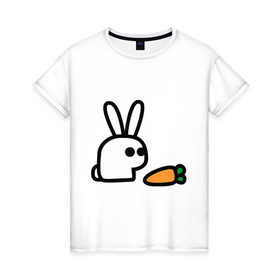 Женская футболка хлопок с принтом Заяц и моркоФка в Курске, 100% хлопок | прямой крой, круглый вырез горловины, длина до линии бедер, слегка спущенное плечо | животные | зайка | зайчишка | зайчонок | заяц | кролик | морковка