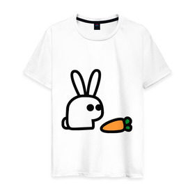 Мужская футболка хлопок с принтом Заяц и моркоФка в Курске, 100% хлопок | прямой крой, круглый вырез горловины, длина до линии бедер, слегка спущенное плечо. | Тематика изображения на принте: животные | зайка | зайчишка | зайчонок | заяц | кролик | морковка