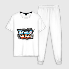 Мужская пижама хлопок с принтом techno music в Курске, 100% хлопок | брюки и футболка прямого кроя, без карманов, на брюках мягкая резинка на поясе и по низу штанин
 | music | techno | музыка | надпись | техно