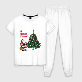 Женская пижама хлопок с принтом Ded Moroz в Курске, 100% хлопок | брюки и футболка прямого кроя, без карманов, на брюках мягкая резинка на поясе и по низу штанин | 2012 | new year | дед | дед мороз | елка | елочка | нг | новый 2012 | новый год | подарки | санта | санта клаус