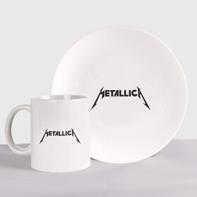 Набор: тарелка + кружка с принтом Metallica в Курске, керамика | Кружка: объем — 330 мл, диаметр — 80 мм. Принт наносится на бока кружки, можно сделать два разных изображения. 
Тарелка: диаметр - 210 мм, диаметр для нанесения принта - 120 мм. | металлика