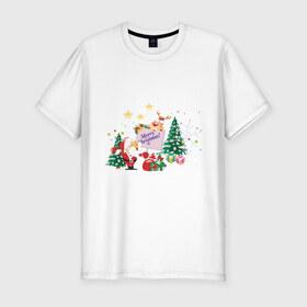 Мужская футболка премиум с принтом Merry Christmas в Курске, 92% хлопок, 8% лайкра | приталенный силуэт, круглый вырез ворота, длина до линии бедра, короткий рукав | Тематика изображения на принте: 2012 | new year | дед мороз | елка | елочка | нг | новогодний | новый 2012 | новый год | олень | подарки | санта | санта клаус | снеговик