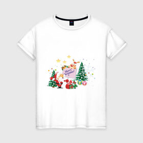 Женская футболка хлопок с принтом Merry Christmas в Курске, 100% хлопок | прямой крой, круглый вырез горловины, длина до линии бедер, слегка спущенное плечо | 2012 | new year | дед мороз | елка | елочка | нг | новогодний | новый 2012 | новый год | олень | подарки | санта | санта клаус | снеговик