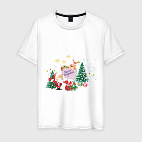 Мужская футболка хлопок с принтом Merry Christmas в Курске, 100% хлопок | прямой крой, круглый вырез горловины, длина до линии бедер, слегка спущенное плечо. | Тематика изображения на принте: 2012 | new year | дед мороз | елка | елочка | нг | новогодний | новый 2012 | новый год | олень | подарки | санта | санта клаус | снеговик