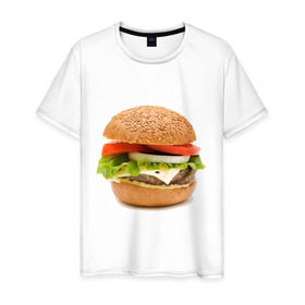 Мужская футболка хлопок с принтом Гамбургер в Курске, 100% хлопок | прямой крой, круглый вырез горловины, длина до линии бедер, слегка спущенное плечо. | burger | fastfood | gamburger | бургер | гамбургер | еда | пища | фаст фуд | фастфуд