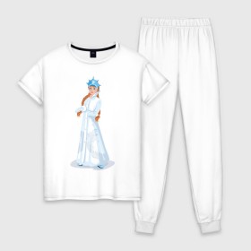 Женская пижама хлопок с принтом Снегурочка с кокардой в Курске, 100% хлопок | брюки и футболка прямого кроя, без карманов, на брюках мягкая резинка на поясе и по низу штанин | Тематика изображения на принте: нг | новый год | снегурка | снегурочка