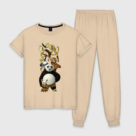 Женская пижама хлопок с принтом Кунг фу Панда (10) в Курске, 100% хлопок | брюки и футболка прямого кроя, без карманов, на брюках мягкая резинка на поясе и по низу штанин | kung fu panda | panda | кунг фу | кунг фу панда