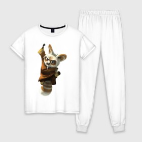 Женская пижама хлопок с принтом Кунг фу Панда (11) в Курске, 100% хлопок | брюки и футболка прямого кроя, без карманов, на брюках мягкая резинка на поясе и по низу штанин | kung fu panda | panda | кунг фу | кунг фу панда