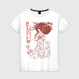 Женская футболка хлопок с принтом Beauty In Love в Курске, 100% хлопок | прямой крой, круглый вырез горловины, длина до линии бедер, слегка спущенное плечо | девушка | зонтик | красивая | красота | любовь | сакура | японка | японская