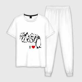 Мужская пижама хлопок с принтом Я люблю пингвинов в Курске, 100% хлопок | брюки и футболка прямого кроя, без карманов, на брюках мягкая резинка на поясе и по низу штанин
 | i love | penguin | птицы | сердце