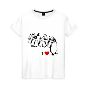 Женская футболка хлопок с принтом Я люблю пингвинов в Курске, 100% хлопок | прямой крой, круглый вырез горловины, длина до линии бедер, слегка спущенное плечо | Тематика изображения на принте: i love | penguin | птицы | сердце