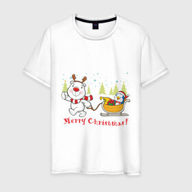 Мужская футболка хлопок с принтом Boowoo (2) в Курске, 100% хлопок | прямой крой, круглый вырез горловины, длина до линии бедер, слегка спущенное плечо. | christmas | елка | нг | новогодний | новый год | олененок | олень | подарки | рождество | рожднственский