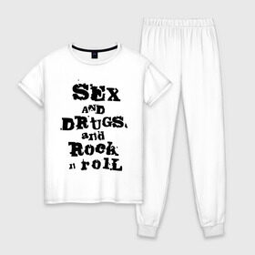 Женская пижама хлопок с принтом Sex and drugs and rock n roll (2) в Курске, 100% хлопок | брюки и футболка прямого кроя, без карманов, на брюках мягкая резинка на поясе и по низу штанин | Тематика изображения на принте: drugs | rock | rocknroll | рок | рок н ролл | рокролл