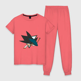 Женская пижама хлопок с принтом San Jose Sharks в Курске, 100% хлопок | брюки и футболка прямого кроя, без карманов, на брюках мягкая резинка на поясе и по низу штанин | национальная хоккейная лига | нхл | сан хосе шаркс