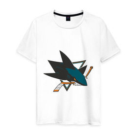 Мужская футболка хлопок с принтом San Jose Sharks в Курске, 100% хлопок | прямой крой, круглый вырез горловины, длина до линии бедер, слегка спущенное плечо. | Тематика изображения на принте: национальная хоккейная лига | нхл | сан хосе шаркс