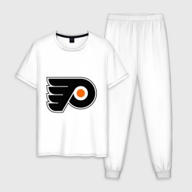Мужская пижама хлопок с принтом Philadelphia Flyers в Курске, 100% хлопок | брюки и футболка прямого кроя, без карманов, на брюках мягкая резинка на поясе и по низу штанин
 | Тематика изображения на принте: hockey | nhl | национальная лига | нхл | филадельфия флаерс | хокей | хоккей